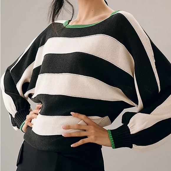 Maeve Sweaters - Maeve Anthropologie Slouchy Boatneck Black & White Striped Sweater Green Touch